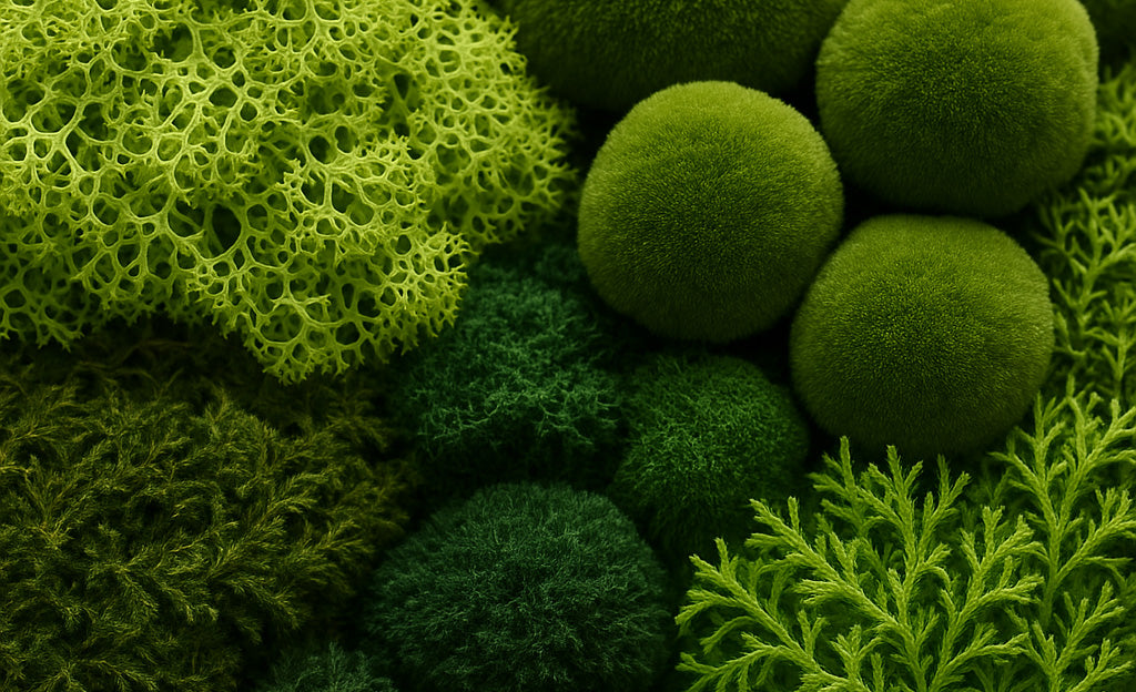 Zbliżenie na różne rodzaje mchu dekoracyjnego chrobotek reniferowy, mech poduszkowy, mech płaski i mech prowansalski.