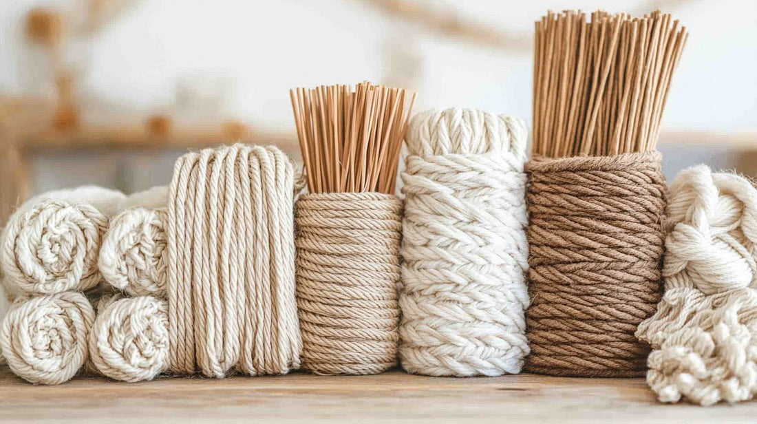 Zbliżenie kolorowych sznurków do makramy – bawełniane, skręcane i plecione, idealne do rękodzieła i dekoracji wnętrz. Naturalne odcienie sznurka makramowego na tle drewnianym – poradnik Sznurkowy Decor.