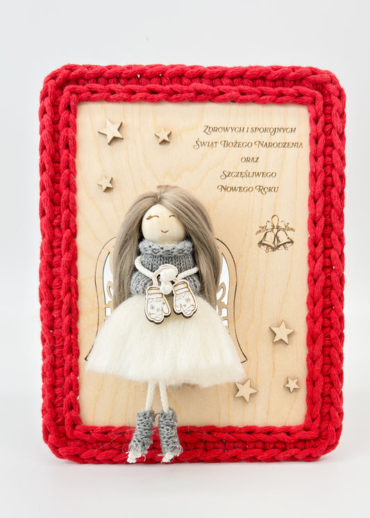 Anioł na święta - drewniana kartka świąteczna z życzeniami