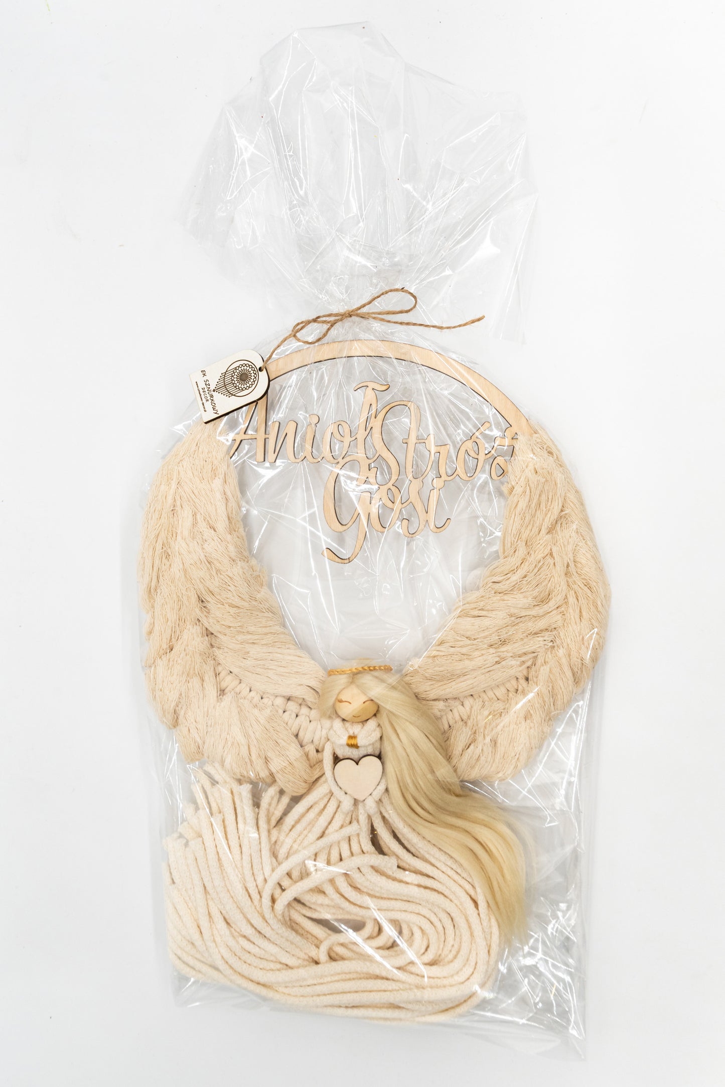 Makramowy Anioł Stróż na obręczy z napisem